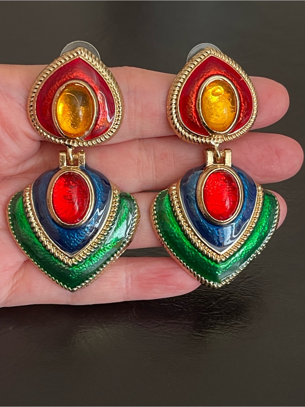 Gold-Tone Multicolor Enamel Drop statement Earrings with Red, Blue & Green Stone